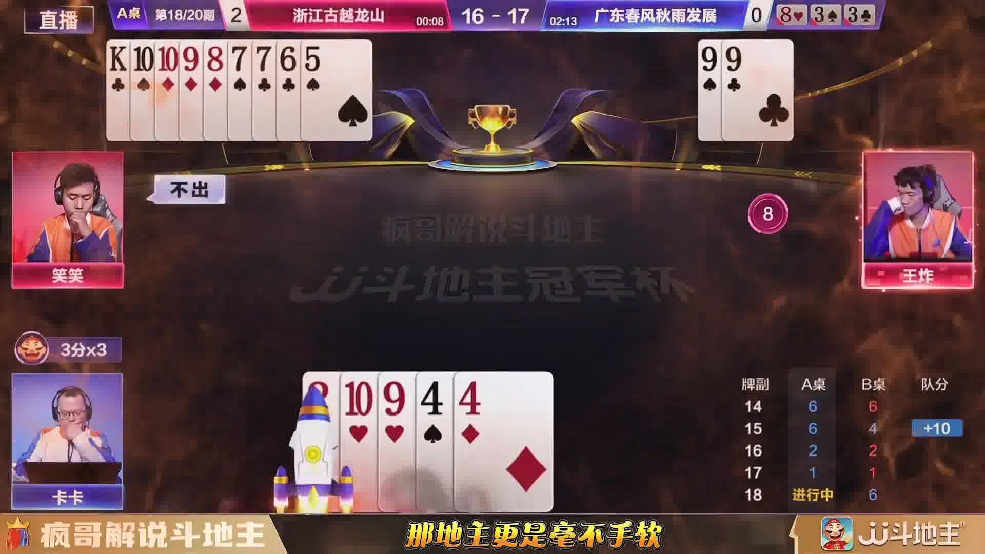 地主俩王反炸正嘚瑟呢，结果被一张单10卡到跪
