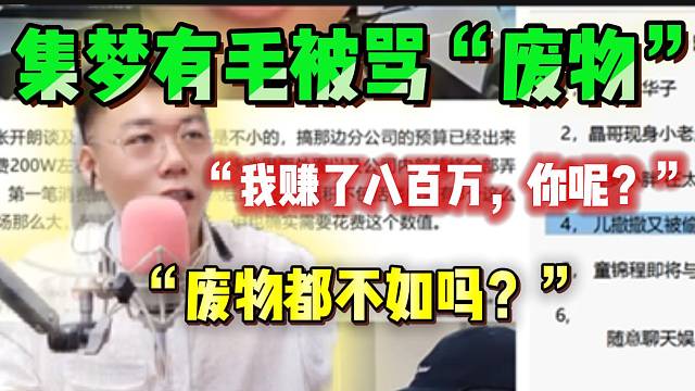 集梦有毛被骂“废物”，随后回应：“废物都赚了八百万，那你呢？”