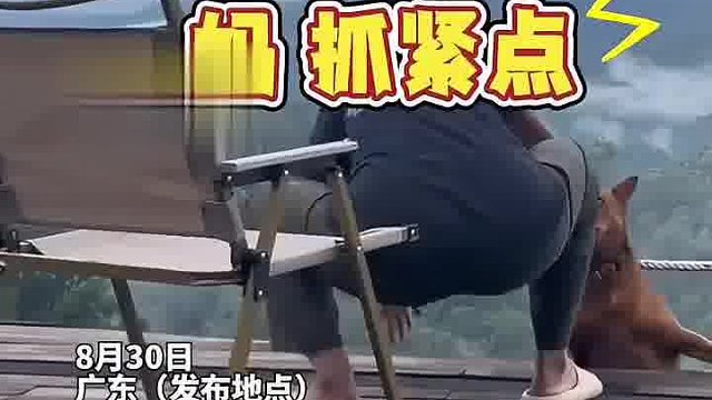 女子在崖边惬意吹风，结果小狗一翻身差点摔下悬崖
