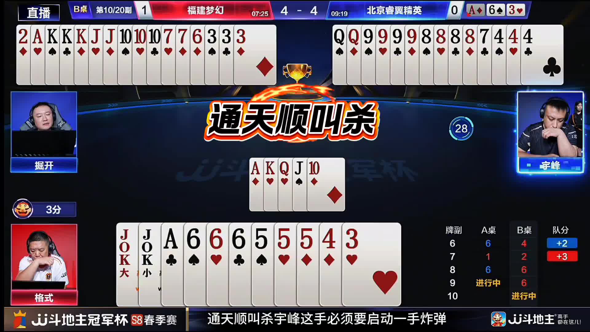 战力榜排名第四的宇峰四个9精准炸点残局妙手仨4成功骗取地主的火箭