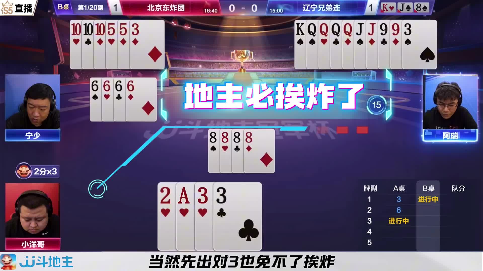 在卧龙和凤雏的协助下地主赢了三炸