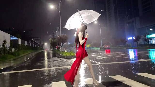 雨夜 路灯 红裙