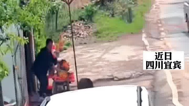 一车行驶途中备胎掉落滚向马路，路边卖水果的文先生，见状立马飞奔将其截停