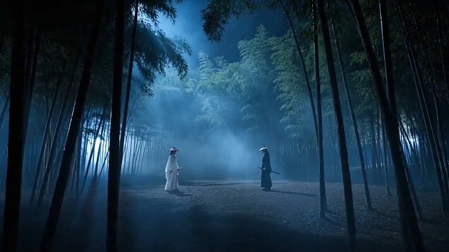 月夜竹林，两名顶尖剑客 
 在密林空地对峙，冷蓝月光穿过竹叶形成强烈光影对比