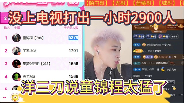 洋三刀说童锦程太猛了，没上电视打出一小时2900人收守护。