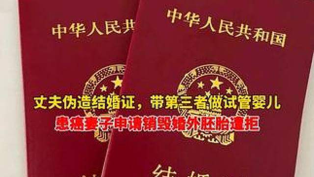 丈夫伪造结婚证，带第三者做试管婴儿，患癌妻子申请销毁婚外胚胎遭拒，妻子将丈夫、第三者、医院全告了，今