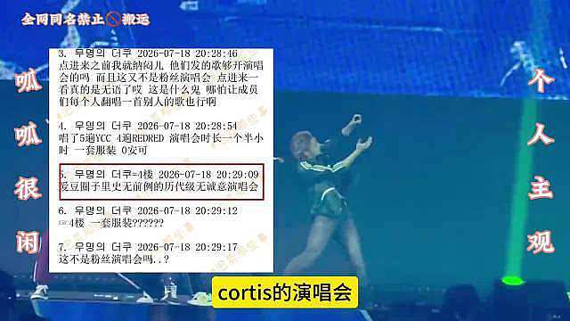 cortis演唱会被韩网锐评为爱豆史无前例历代级无诚意演唱会，演唱多首歌曲重复演唱了4-5次，整场演
