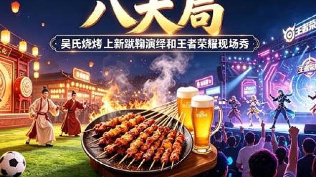 烧烤烟火 蹴鞠演绎 王者荣耀现场秀 八大局吃烧烤！吴氏烧烤上新节目，有代表足球起源文化的蹴鞠演绎，还有王者荣耀现场cos表演，一边撸串一边看演出，这份热闹一定要体验！