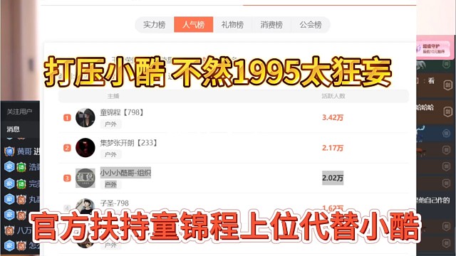 官方扶持童锦程上位代替小酷，打压小酷不然1995太狂妄