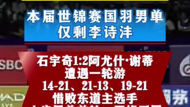 2026年印度羽毛球世锦赛首日爆冷！石宇奇一轮游出局 本届世锦赛国羽男单仅剩李诗沣！