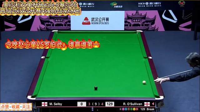 奥沙利文单杆破百5-3塞尔比!晋级武汉公开赛4强将战常冰玉