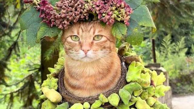 头戴五倍子花的小猫