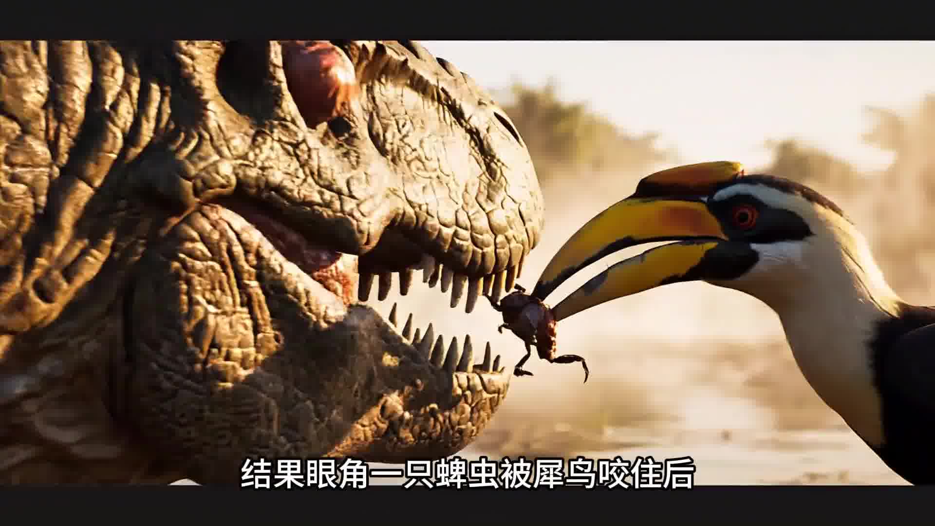 黄嘴犀鸟帮霸王龙清理虫子