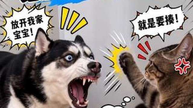猫揍小狗二哈霸气护娃，不料猫揍得更狠了