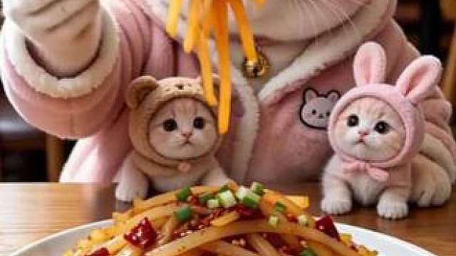 猫妈妈只点了酸辣土豆丝 当小猫们点菜后，居然跑单