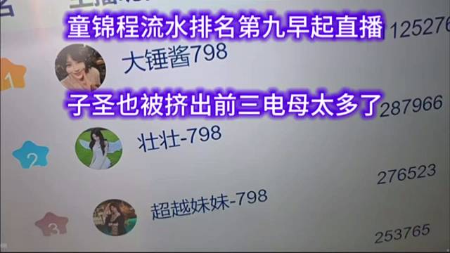童锦程流水排名第九早起直播，子圣也被挤出前三电母太多了。