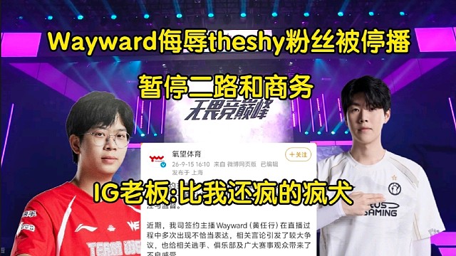作没了！Wayward侮辱theshy粉丝被经纪公司停播暂停商务，IG老板狂喷:第一次见比我还疯的疯