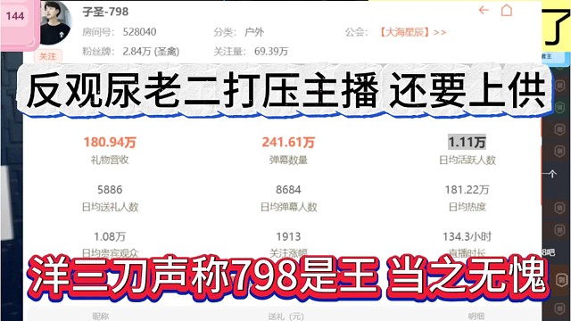洋三刀声称798是王 当之无愧，反观尿老二打压主播