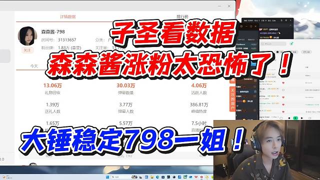 子圣看数据森森酱涨粉太恐怖了！大锤稳定798一姐