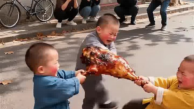 萌娃抢鸡腿放大招：连环脚都安排上，这个鸡腿到底该归谁？