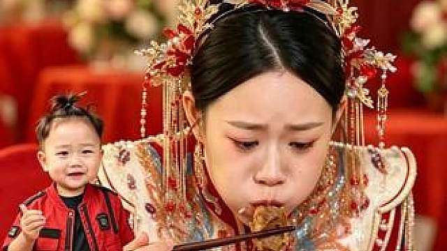别人结婚忙着敬酒，我姑姑结婚先埋头干饭！
凌晨三点起来化妆梳妆，一口水都没空喝，换谁都会饿！