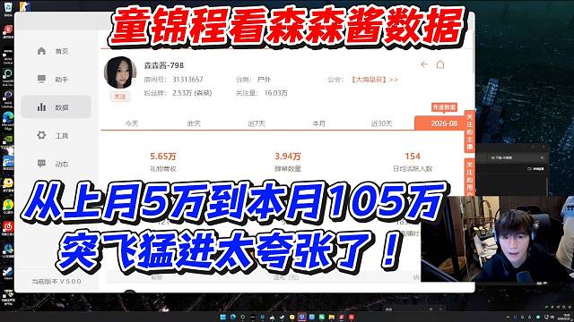 童锦程看森森酱数据！从上月5万到本月105万突飞猛进太夸张了
