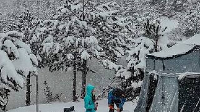 极美的森林之湖露营，夜晚遇上了猛烈的暴风雪，这下更是刺激了！ #雪地森林湖边露营