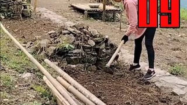 女孩独自在野外搭建农场，新房屋的建设，收获蔬菜