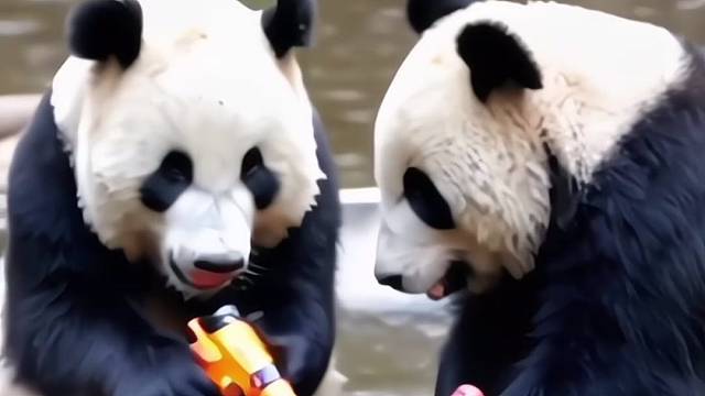 大熊猫玩水枪