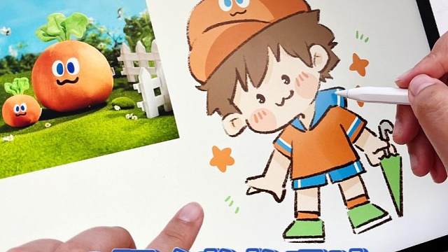 如何让用胡萝卜设计一个Q版阿信的人物形象？
胡萝卜的造型很简单，配色就是橙色➕绿色➕蓝色➕白色，所以