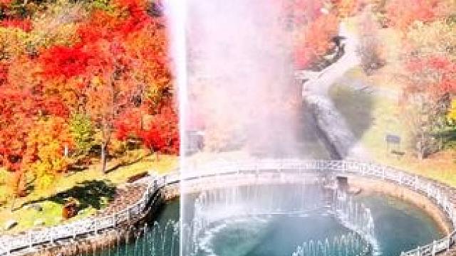 天桥沟，枫叶如火，彩虹喊泉喷涌而出，水雾映虹，秋日美景如诗画，邀您共赏天地间的色彩奇观#枫叶 #旅行