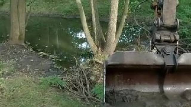 挖机清理河道 第一视角清理堵塞的河道#国外视频分享 #挖机视角  #河狸修水坝 #河道清理 #解压