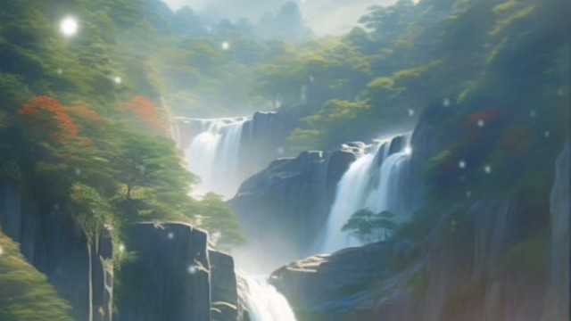 《望庐山瀑布》。唐·李白。
日照香炉生紫烟，
遥看瀑布挂前川。
飞流直下三千尺，
疑是银河落九天。