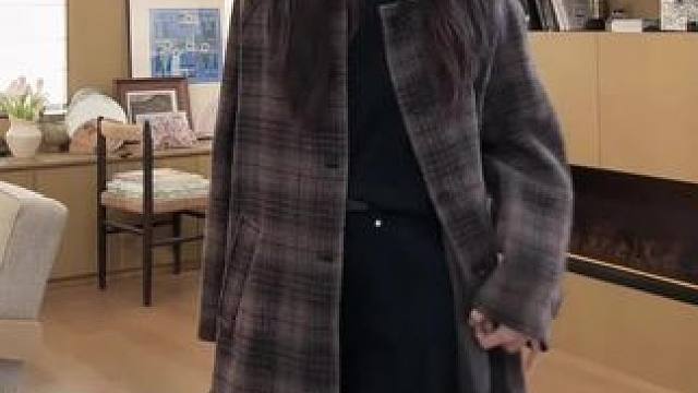 100%初剪绵羊毛拼接麂皮绒复古格纹毛呢大衣#长款#拼接#麂皮绒#保暖#气质