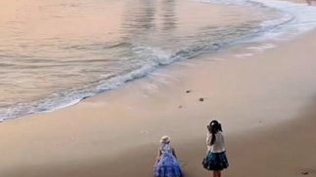 夕阳下，白城沙滩观看夕阳的人众多！#海边日落晚霞 #白城沙滩 #手机摄影 。