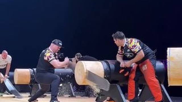 美洲杯锯木砍伐冠军杯。 #民间绝活 #锯木比赛 #拉大锯 #锯木头 #高手在民间