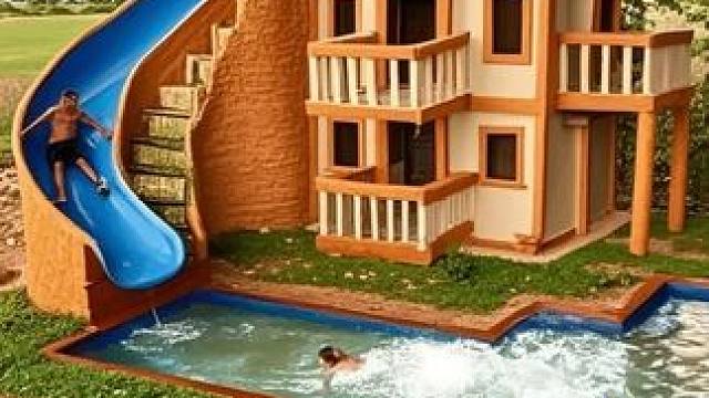 荒野建造，穷小伙花一百天时间在荒野外搭建带泳池的两层小洋楼。#荒野建造 #徒手建造房屋 #野外搭建 