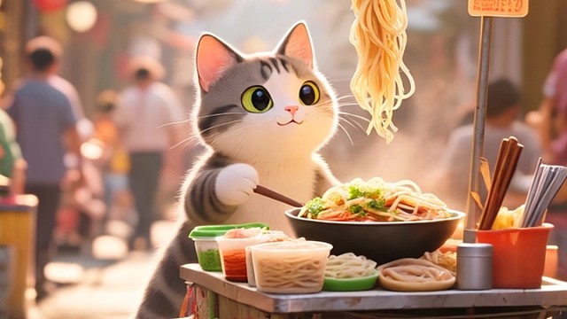 小猫推餐车，忍不住偷吃。