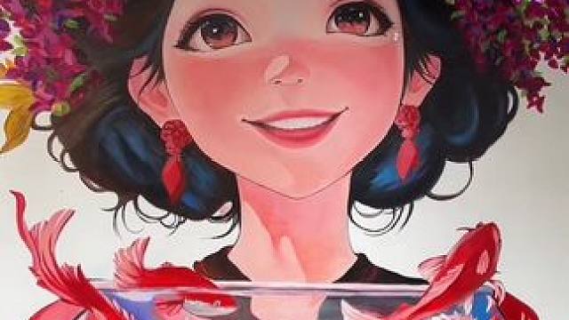 昆明也有簪花少女墙绘啦 拉上小姐妹来拍照 ##簪花少女 #墙绘