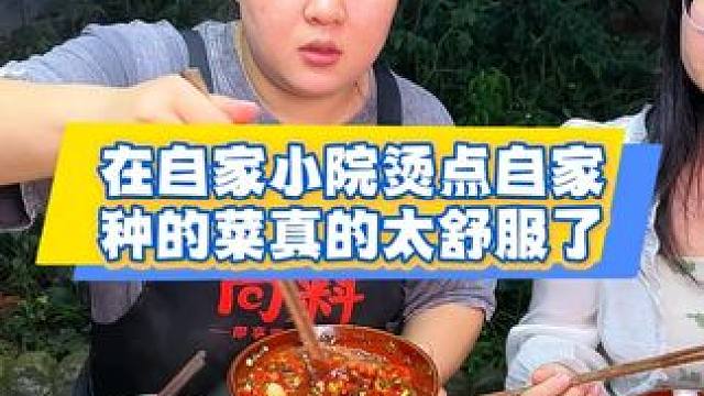 在自家小院烫点自己种的绿色蔬菜，蘸上秘制调料清爽又好吃，和朋友边摆龙门阵边吃饭微风拂面太舒服了！#美