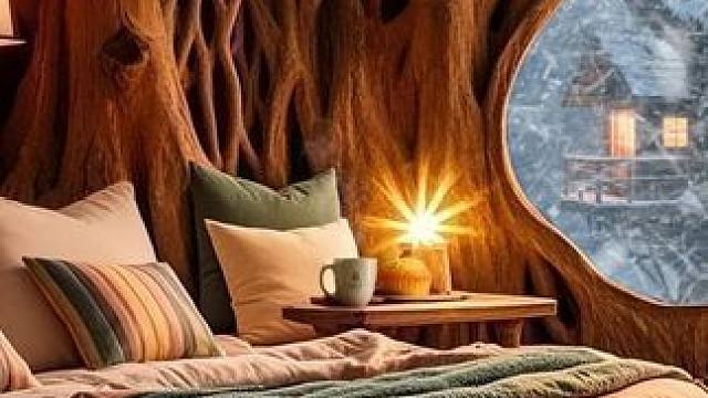 在巨大树洞小屋度过暴风雪夜，聆听风雪声，进入深度睡眠 #好好睡觉 #助眠视频 #解压助眠 #白噪音 