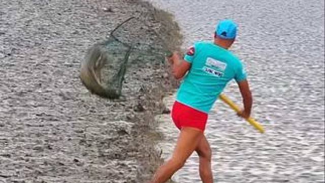 杭州钱塘区非遗项目“抢潮头鱼”，曾是钱塘江一带居民的传统习俗：抢潮头鱼的人扛着潮兜，站在沙滩上等着潮