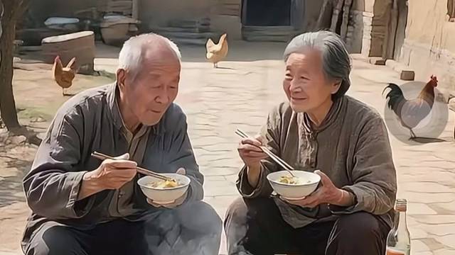 土灶冒炊烟，爷爷奶奶坐一块儿，吃着饭还唠唠嗑。鸡鸭在边上溜达，小狗也来凑数#我的乡村生活