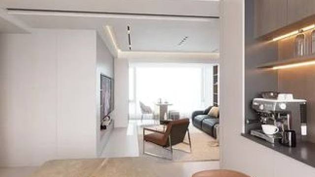 120平现代家证明实用与颜值可兼得！奶白墙纯净，奶油砖通铺延展空间。满墙电视柜是收纳王者，整洁立面成