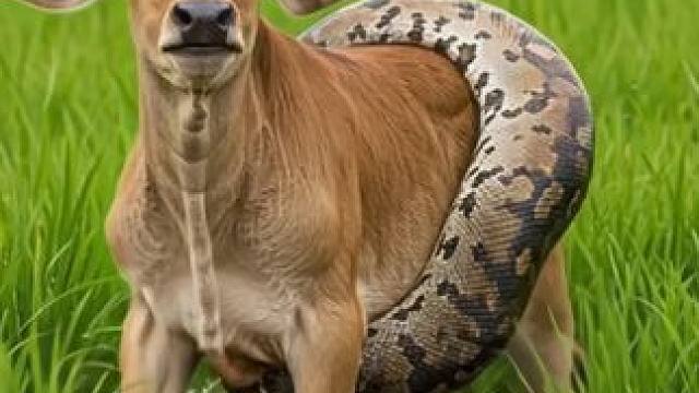 一条蟒蛇攻击一头小黄牛，小黄牛踉踉跄跄恐怕在劫难逃了！ #巨蟒 #蟒蛇 #小黄牛 