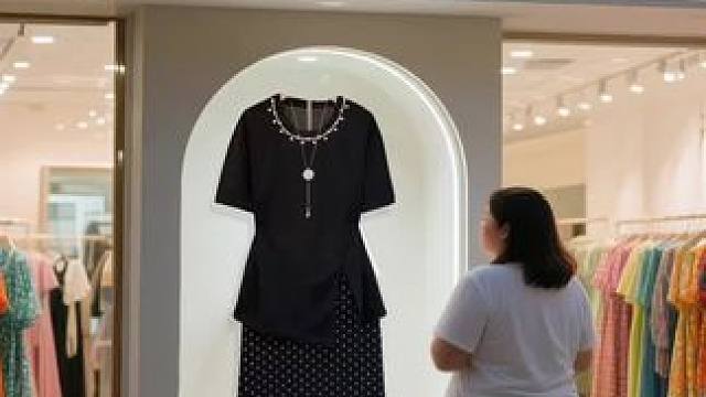 经典黑调穿搭✨ 上衣领口珍珠点缀，精致又吸睛，搭配坠链增添层次感。不规则下摆设计，打破单调。波点半裙