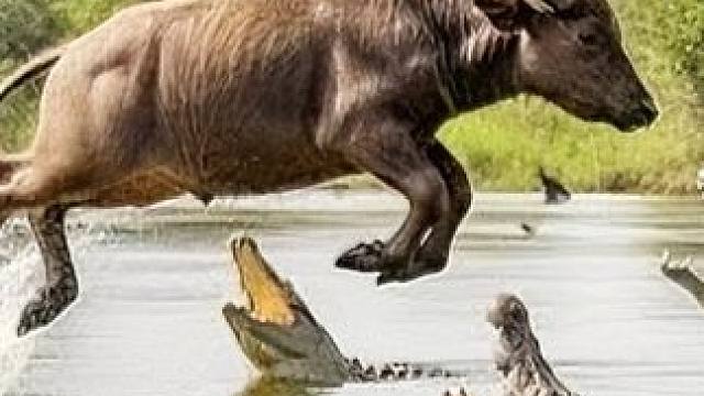 小水牛闯进鳄鱼的领地，幸的河马及时出手小牛逃过一劫！ #水牛 #鳄鱼 #河马 