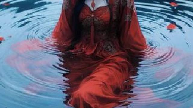 华丽水墨真人插画，叠涂，弥散渐变，色彩饱满有层次。
模糊深色背景，画面昏暗，阴冷，阴森恐怖。红复古嫁