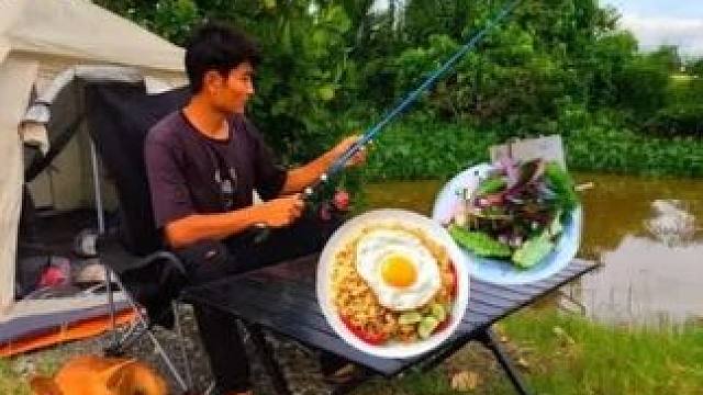 稻田露营 钓鱼和户外烹饪当地美食