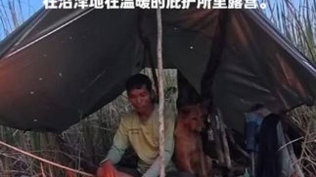 寒冷的冬季夜晚，在沼泽地在温暖的庇护所里露营。